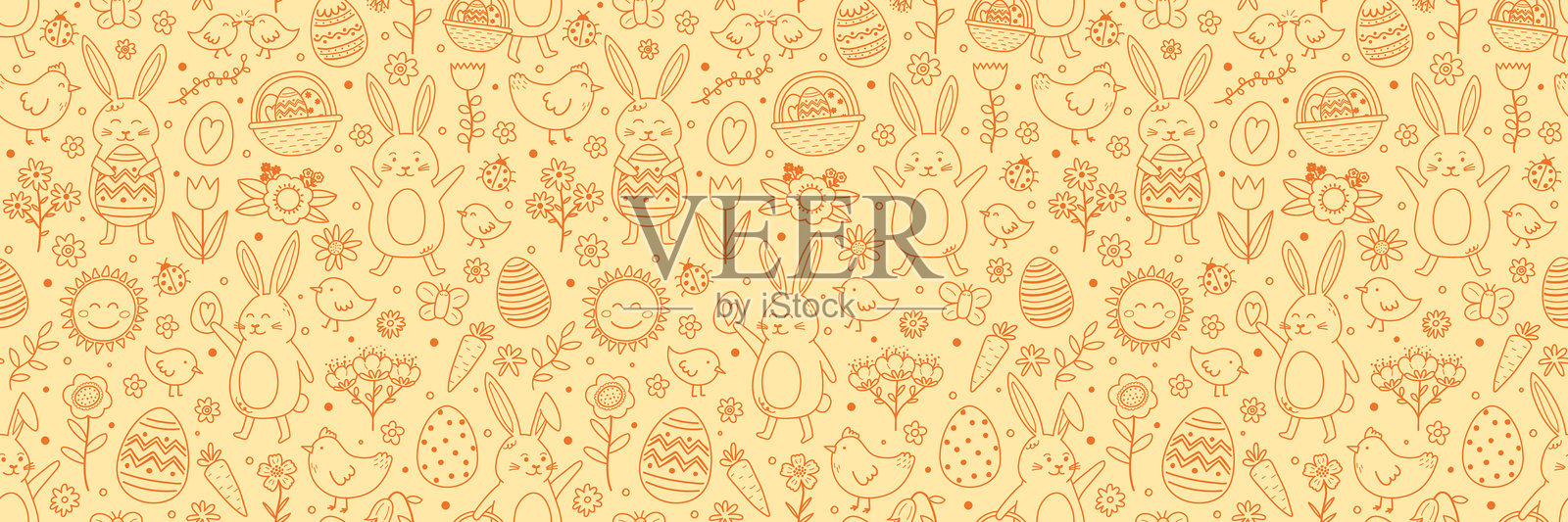 色彩缤纷的复活节卡通风格纹理。手绘兔子、小鸡、彩蛋和花朵。涂鸦。矢量插图插画图片素材