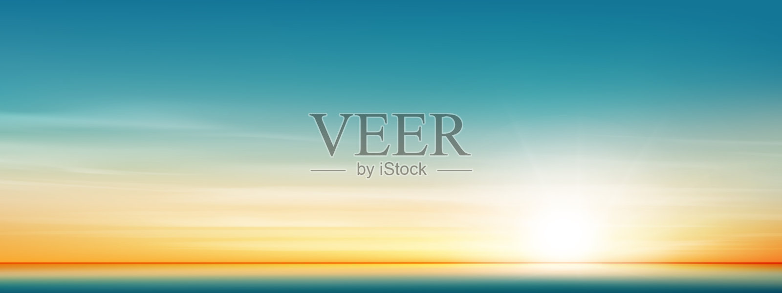 日出时的天空呈现黄色和蓝色，海滩上的太阳，日落时的天空，云彩背景，夏季自然的金色时光，春天日落前的橙色天空，横向卡通秋季风景与阳光。插画图片素材