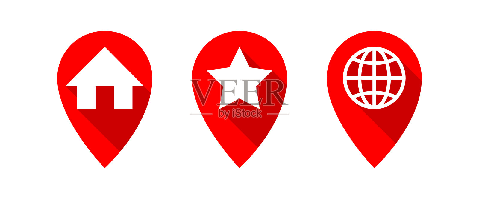 红色地图图钉，带有房屋、星星和地球符号。展示位置概念、目的地、最爱地点和全球覆盖。现代设计适用于应用程序和地图。插画图片素材