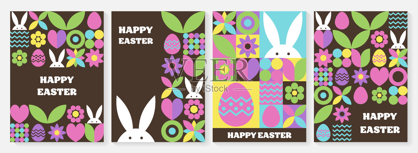 复活节兔子、彩蛋和花卉背景。带有卡通元素的几何贺卡系列。矢量插图插画图片素材