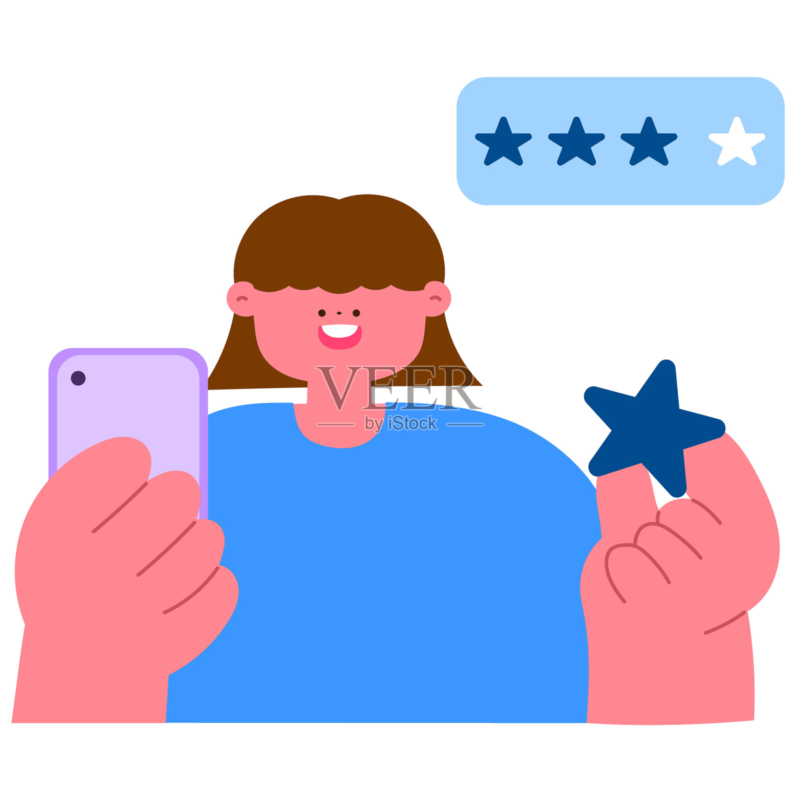 快乐的女性手持智能手机和星星，给出评分或评价的扁平矢量插图插画图片素材