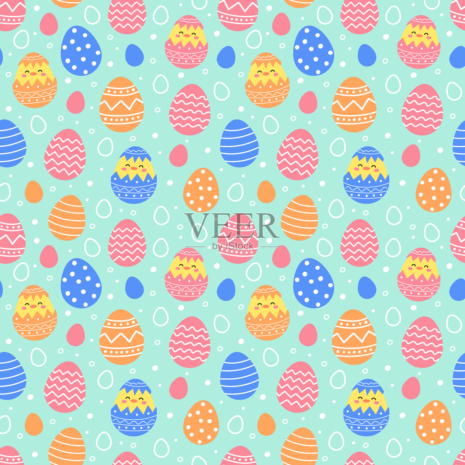 色彩缤纷的复活节无缝图案，包含可爱的小鸡和鸡蛋。卡通风格背景。矢量插图插画图片素材