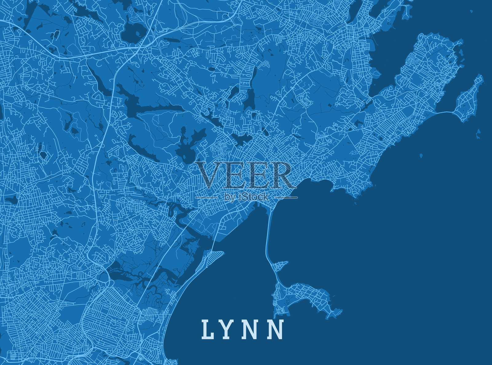 林恩市矢量道路蓝色横向地图插画图片素材