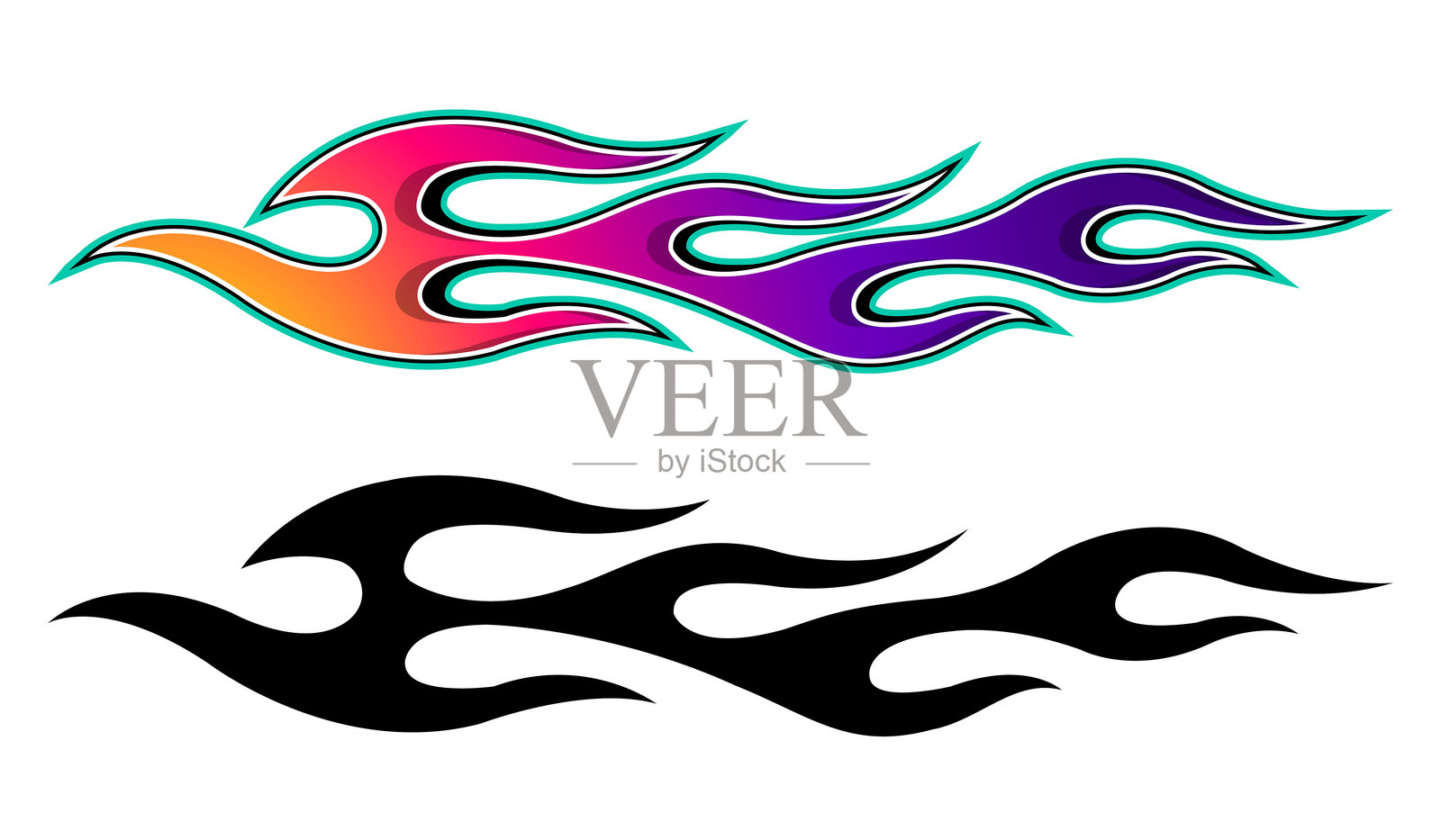 矢量火焰赛车车身侧面乙烯基贴纸 EPS 10 图像。燃烧的轮胎和火焰运动汽车贴花。汽车、卡车、船、SUV、摩托车的侧面装饰。插画图片素材