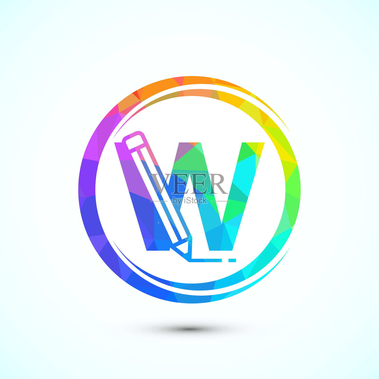 初始字母W与铅笔图标。教育、学生或企业身份的标志，低多边形风格插画图片素材