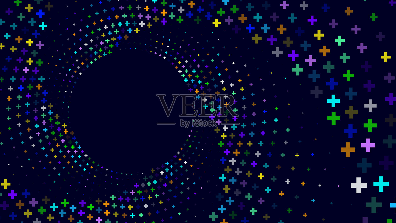 五彩斑斓的加号在深蓝色背景上形成旋转的螺旋图案。插画图片素材