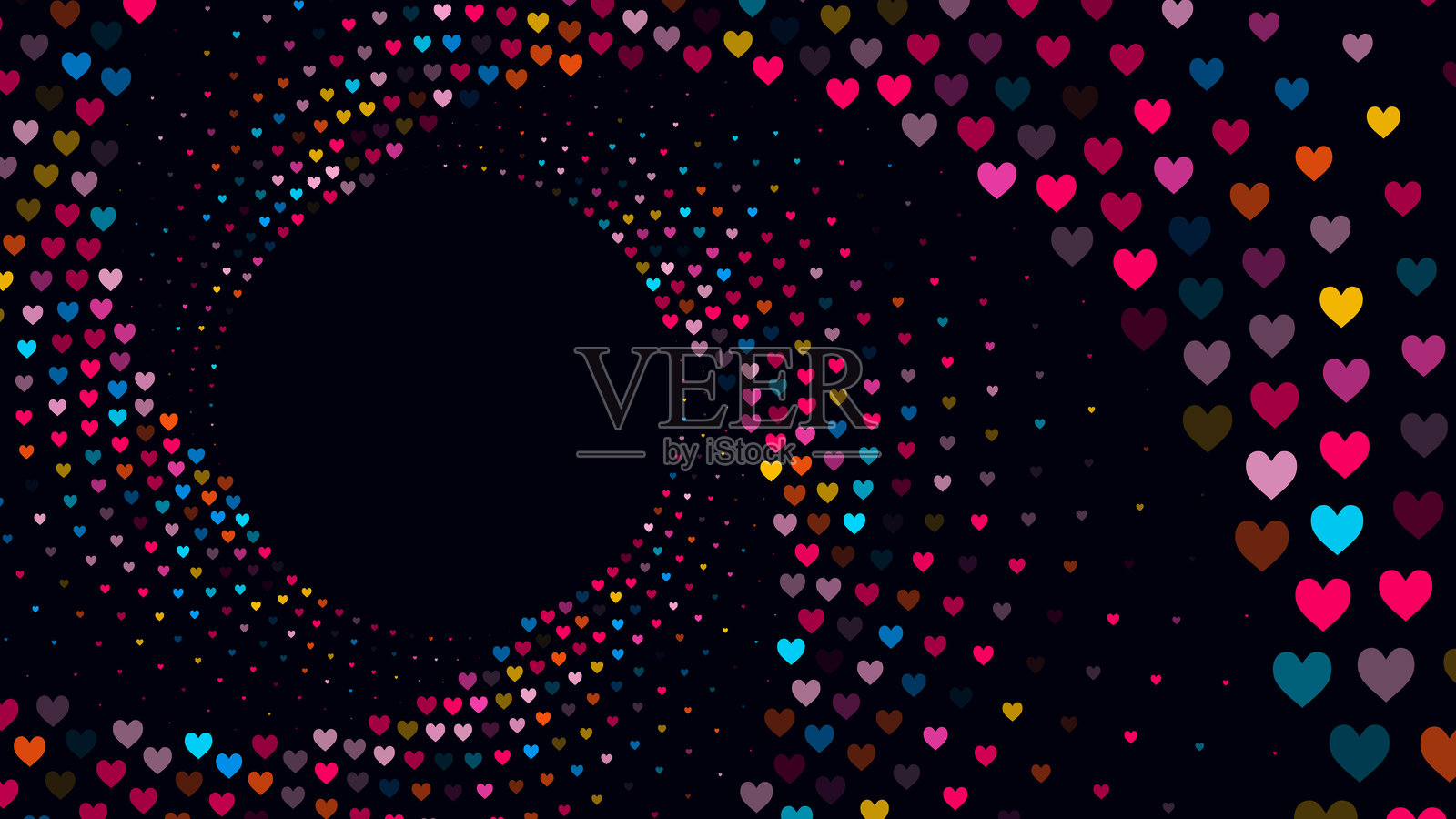 五彩斑斓的心形图案在黑色背景上形成旋转的螺旋形。插画图片素材