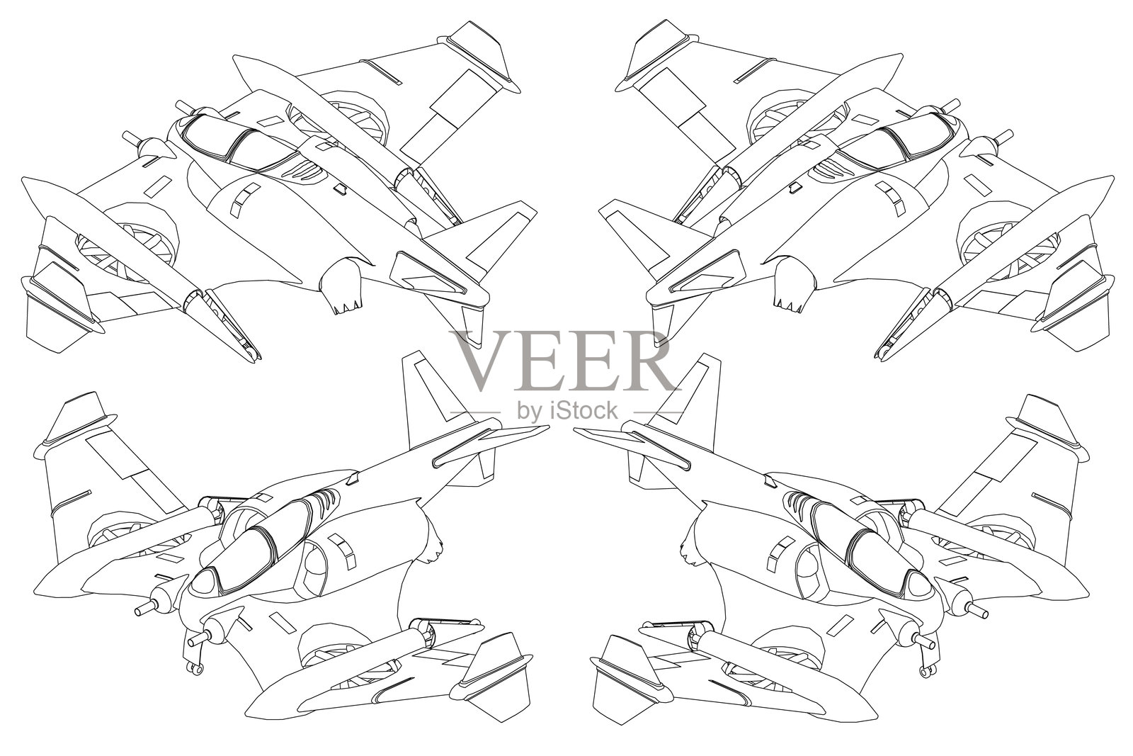 四架战斗机并排的图画。这些飞机的大小和形状都相同。图画为黑白色，采用等轴测视图。插画图片素材