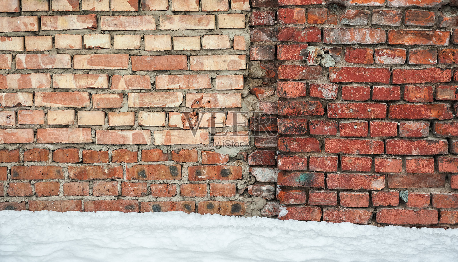 带雪的古老砖墙的风化纹理照片摄影图片