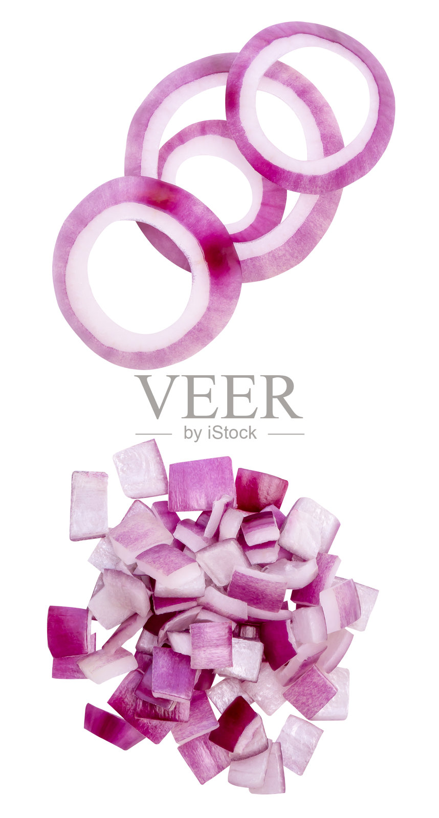 顶部视角的新鲜红色或紫色洋葱圈和切片，分成两堆，孤立在白色背景上照片摄影图片