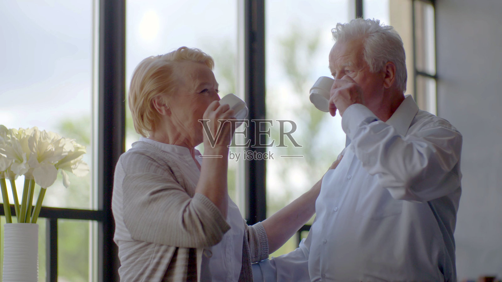 快乐恩爱的一对老夫妻在窗边喝茶聊天照片摄影图片