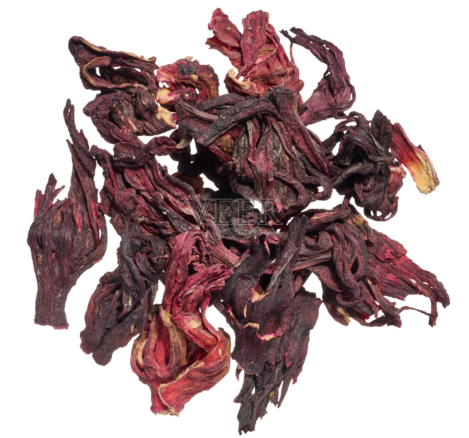 干燥的洛神花花瓣，深红色且有皱纹质感。用于草药茶和抗氧化剂。照片摄影图片