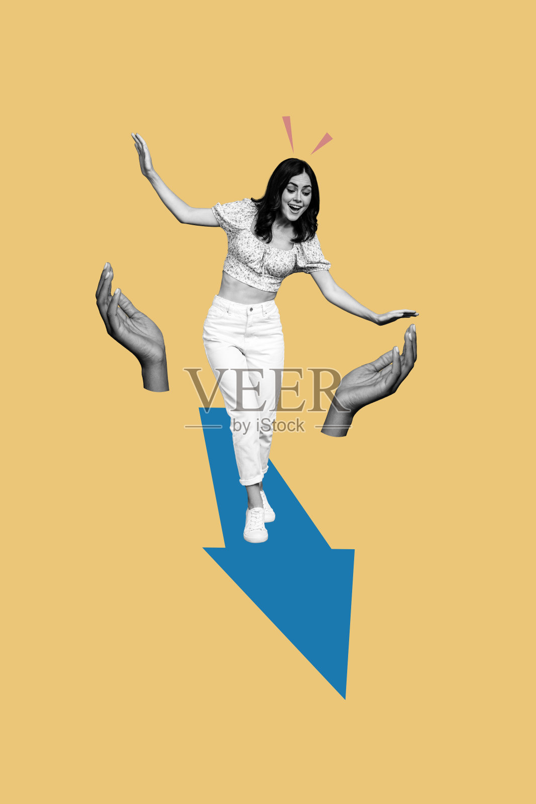 快乐女孩跳跃的竖版照片拼贴，人手掌心食指指向，女士手持MacBook，传达信息，背景为涂鸦风格。照片摄影图片