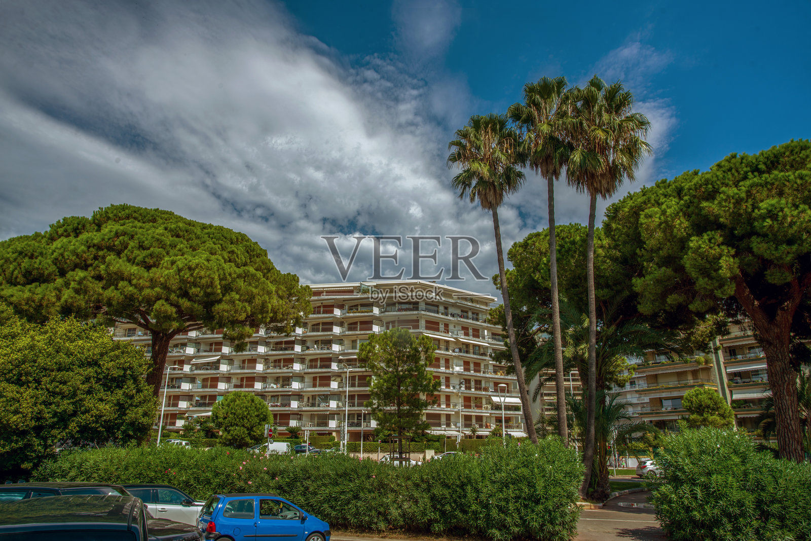 戛纳克鲁瓦塞特左侧的美丽景观，拥有壮观的面板、棕榈树和为名人准备的酒吧。照片摄影图片