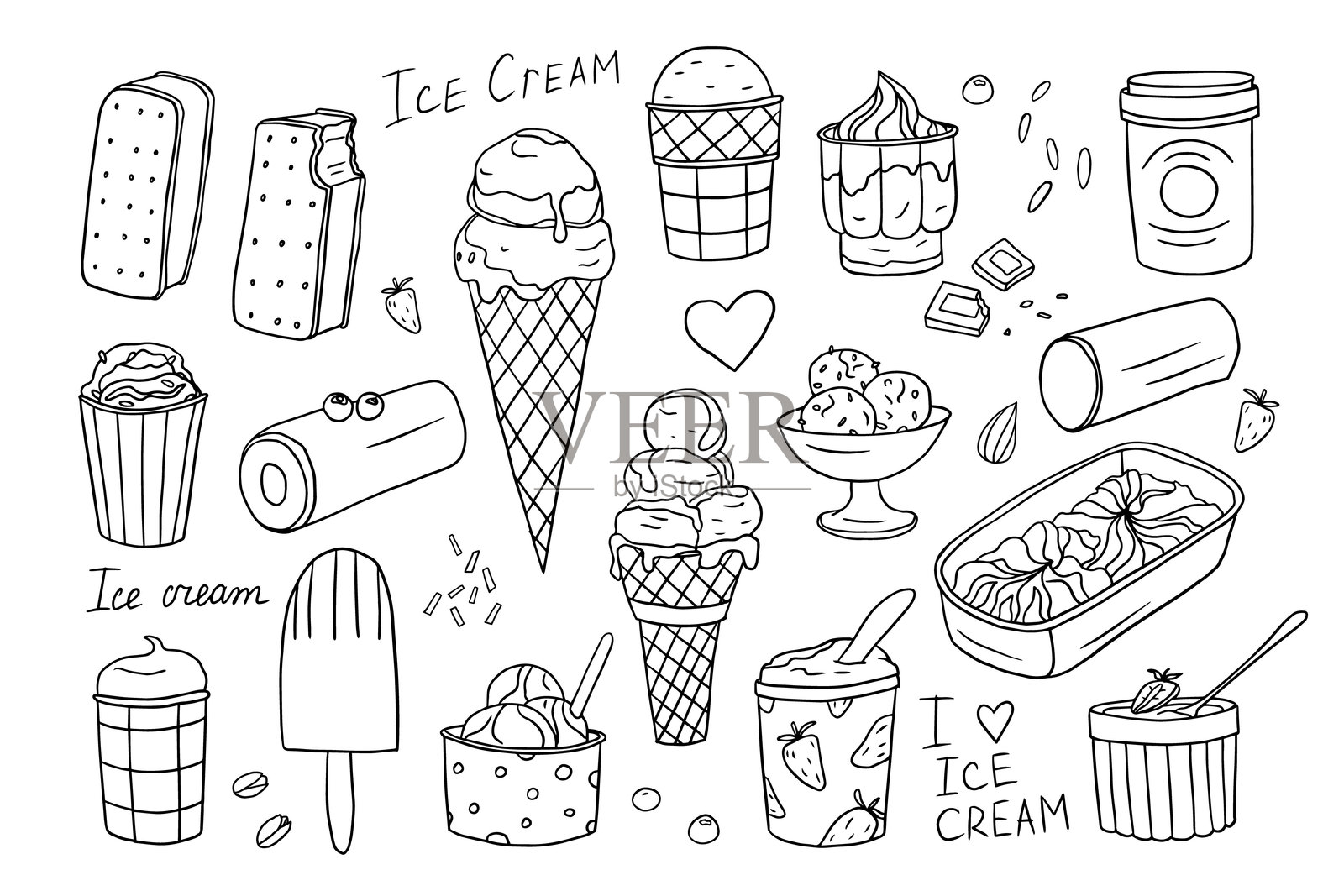 大套冰淇淋涂鸦风格。冰淇淋华夫筒，棒冰。夏季甜点。手绘。插画图片素材