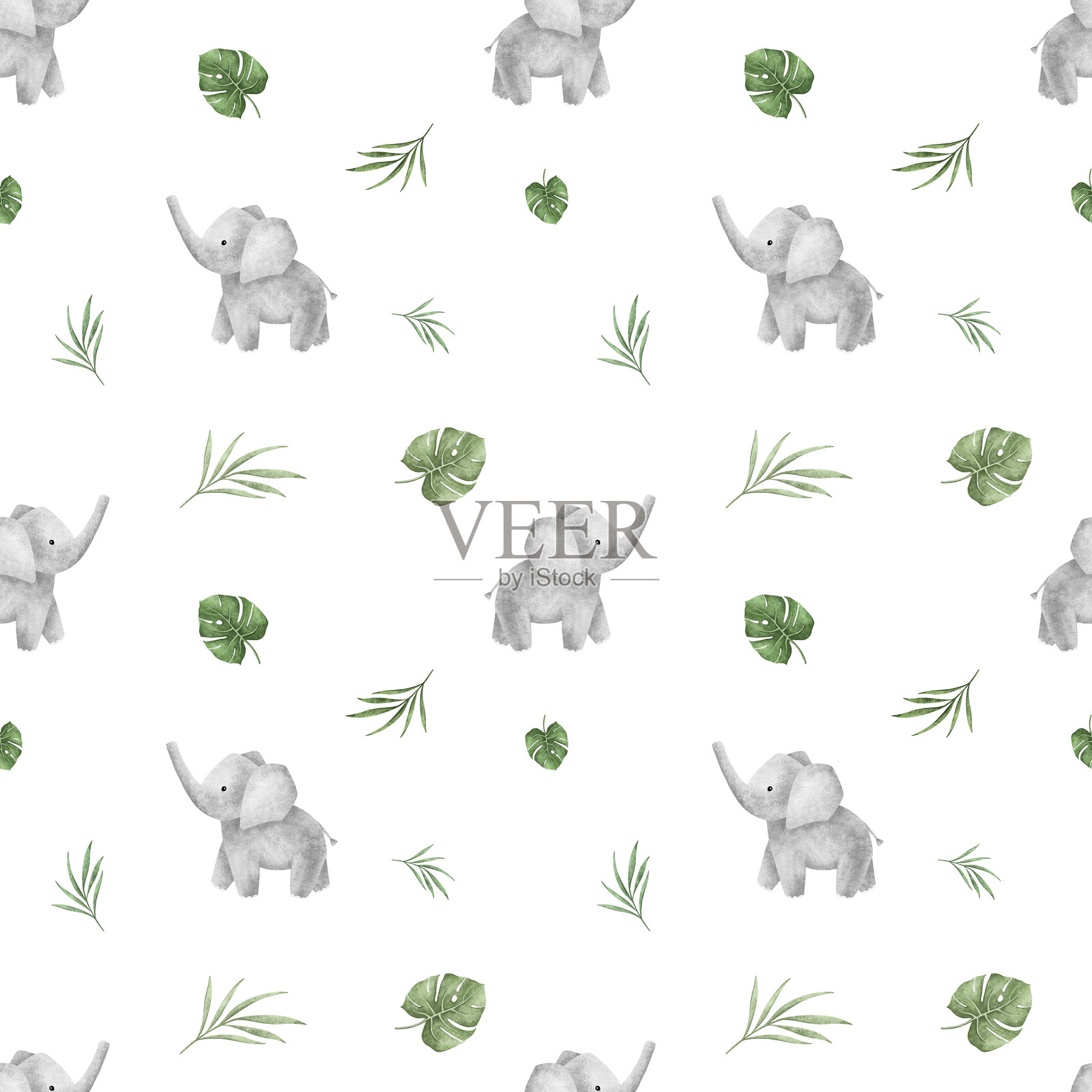 无缝图案，包含怪兽叶子和非洲动物犀牛与大象，适用于儿童设计。手绘插图，鳄鱼可爱印花，适合儿童纺织设计或壁纸。插画图片素材