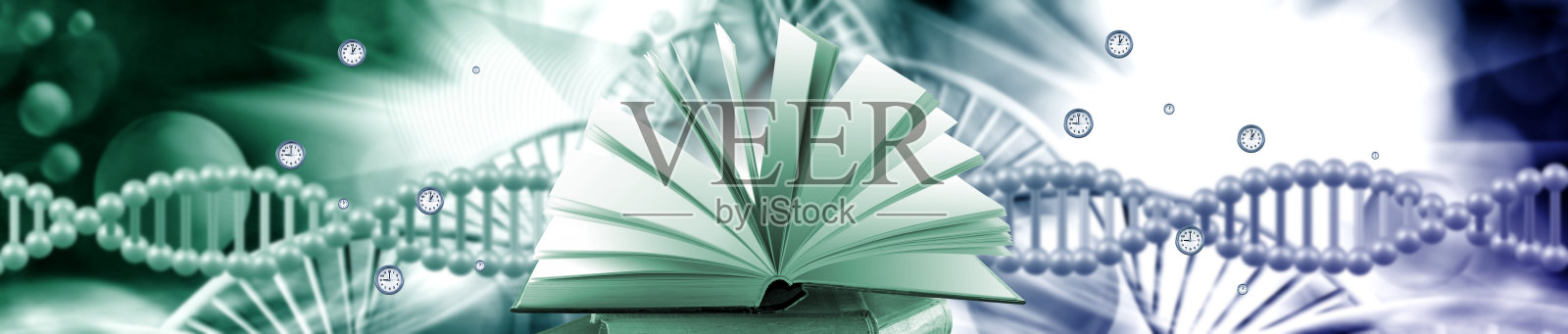 通过一本打开的书籍探索知识与科学的交汇，周围环绕着抽象的DNA视觉元素照片摄影图片
