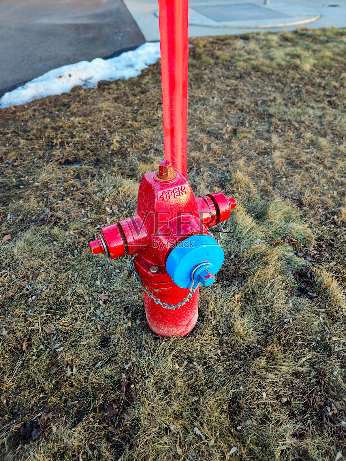 冬季自然背景中的红蓝涂装消防栓照片摄影图片