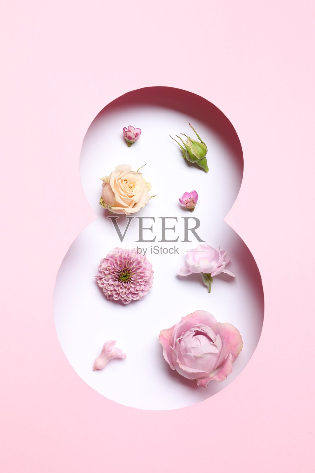 3月8日贺卡设计，花卉图案，俯视图。国际妇女节快乐照片摄影图片