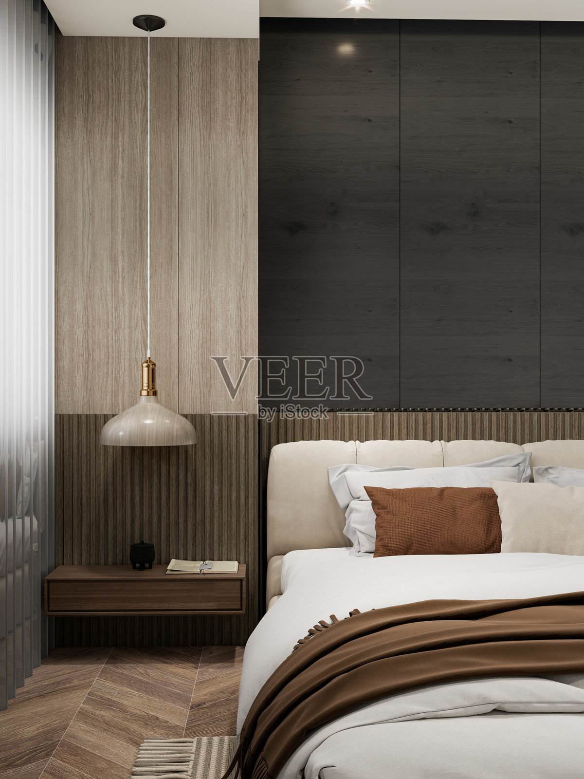 卧室室内设计的模型。奢华公寓背景，现代设计。现代室内设计特色是整齐的床铺和舒适的床上用品，两个带灯的床头柜，以及木质镶板装饰。3D渲染，3D插图。照片摄影图片