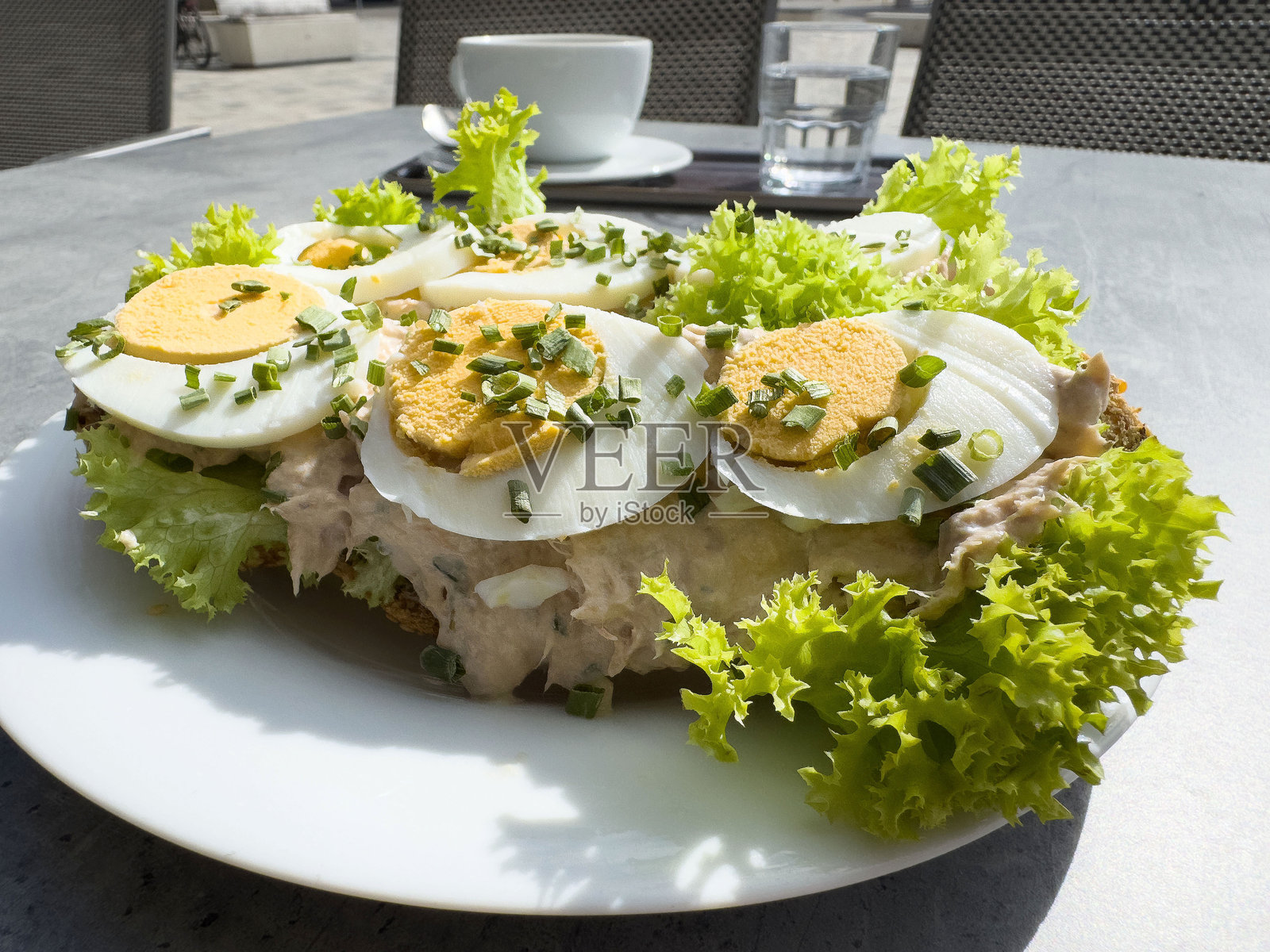 户外白盘上的新鲜金枪鱼鸡蛋三明治，配有生菜和细香葱照片摄影图片