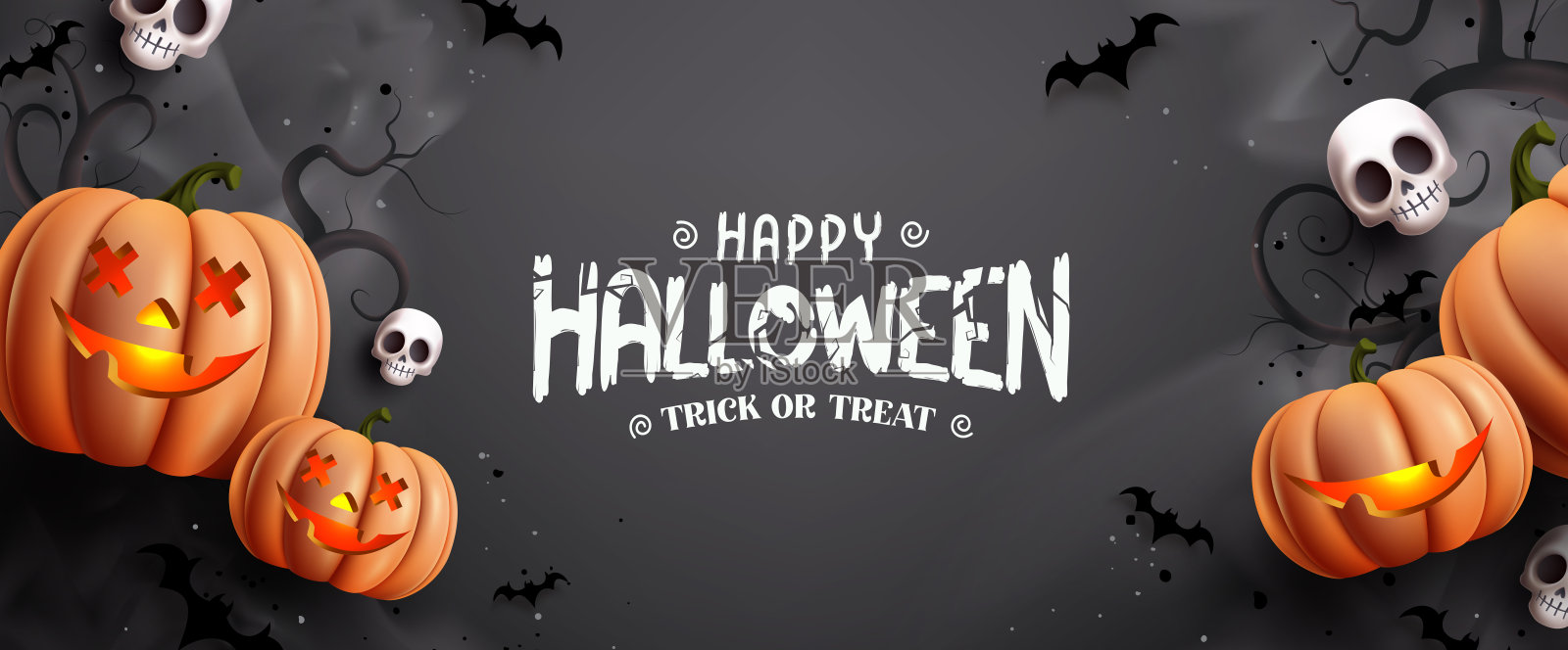 万圣节快乐背景矢量横幅设计。恐怖夜晚黑色背景中的万圣节“不给糖就捣蛋”问候语。插画图片素材