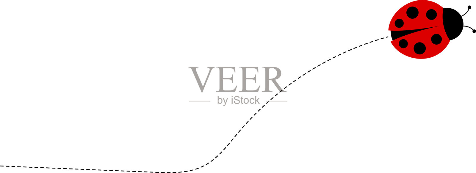 可爱的瓢虫角色集合。飞翔的卡通瓢虫与点状路径。瓢虫在点状路线飞行。瓢虫图标集。昆虫群体。矢量插图，背景为白色。插画图片素材