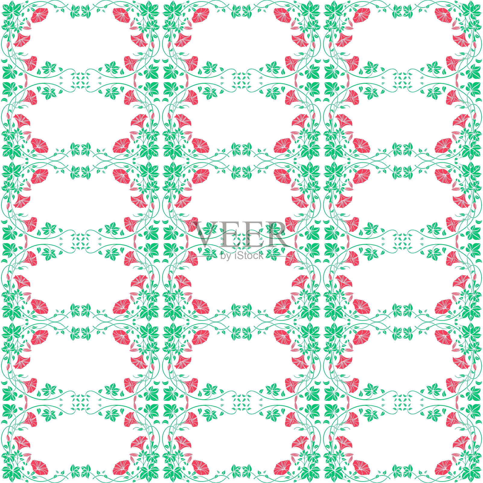 无缝花卉图案，粉色、蓝色和白色，搭配玫瑰花束。美丽花朵和叶子的框架矢量设计。插画图片素材