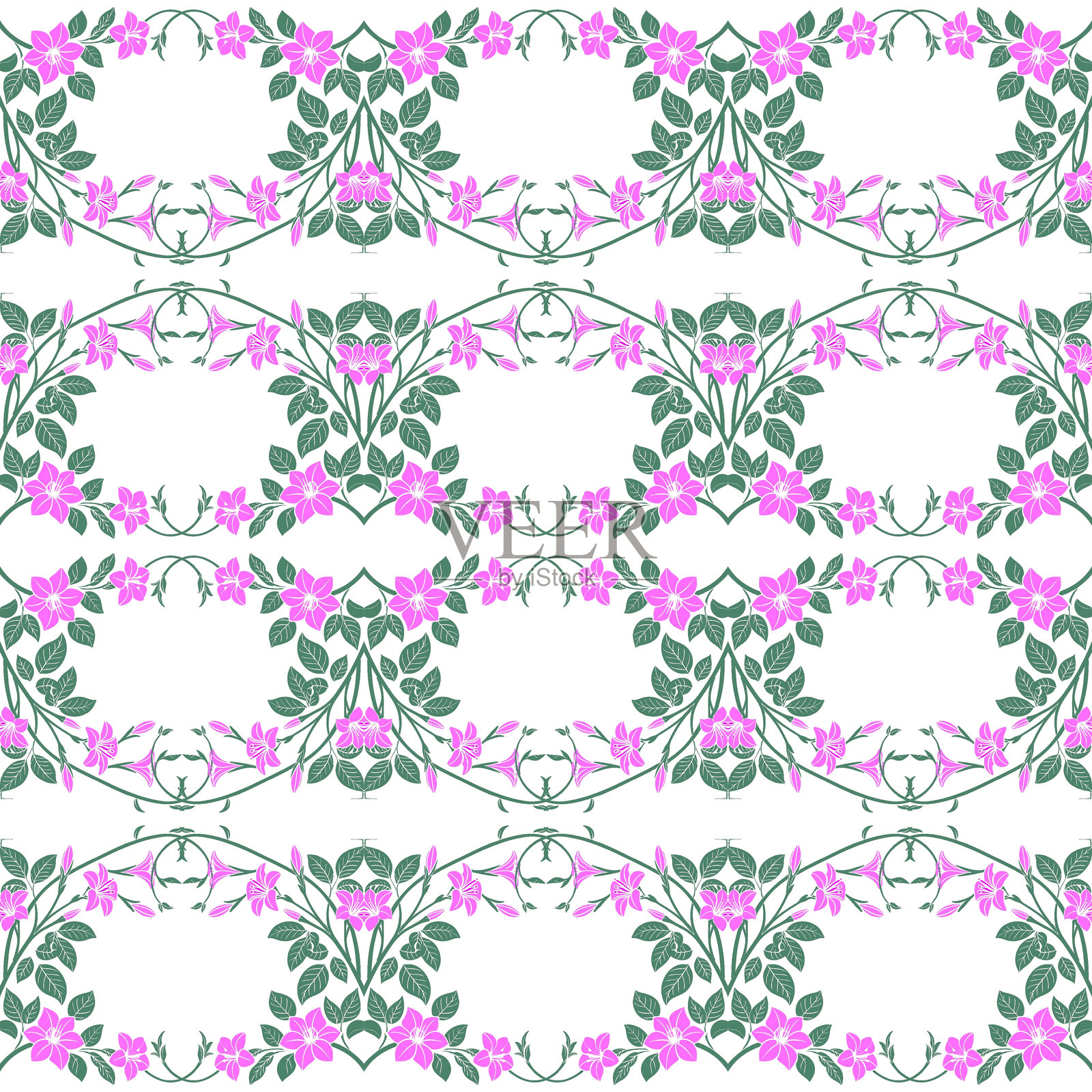 无缝花卉图案，粉色、蓝色和白色，搭配玫瑰花束。美丽花朵和叶子的框架矢量设计。插画图片素材