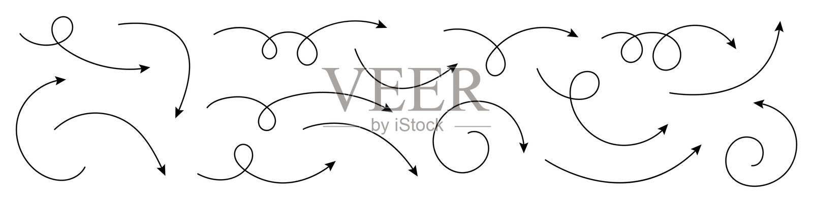 手绘的细线弯曲箭头。插画图片素材