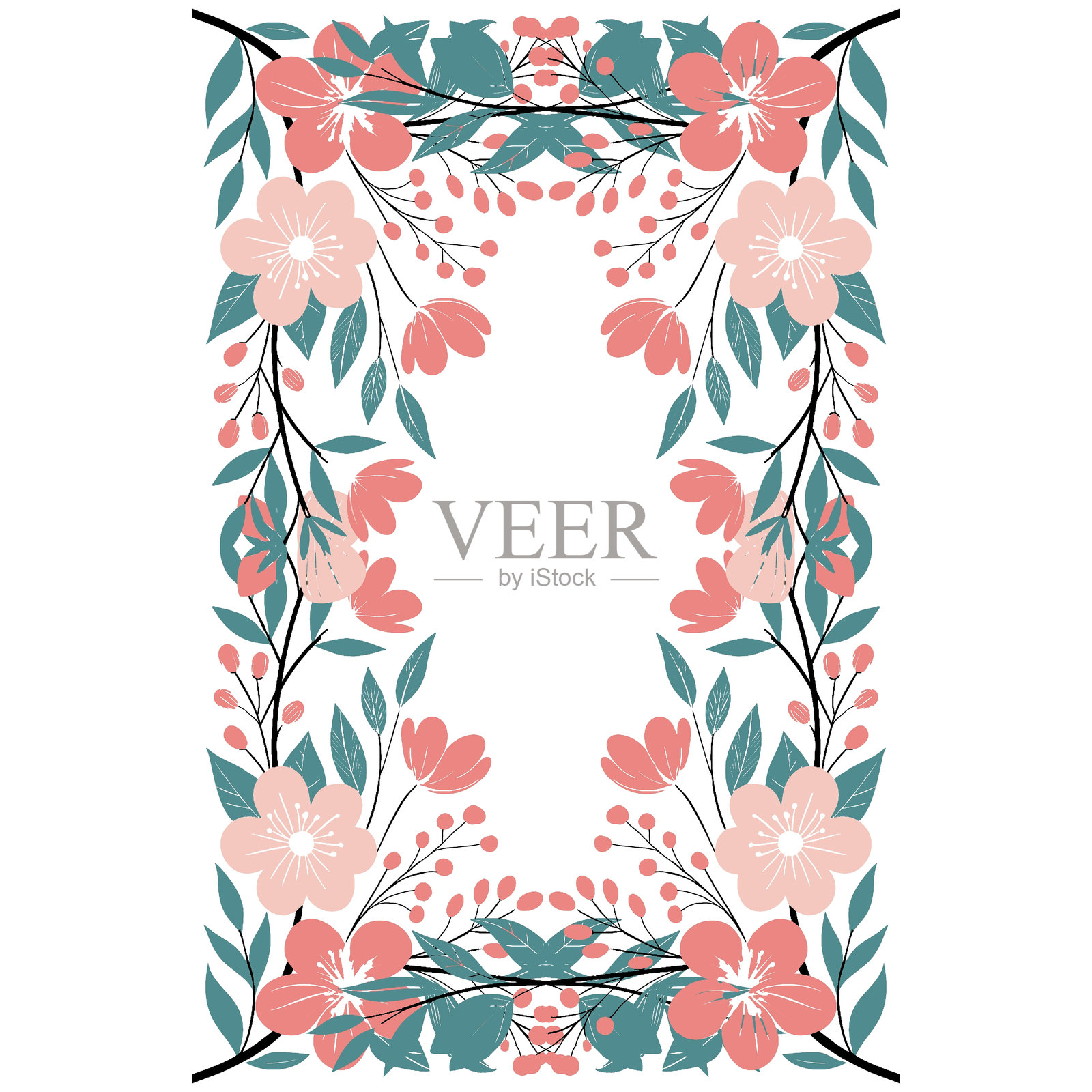 无缝花卉图案，粉色、蓝色和白色，搭配玫瑰花束。美丽花朵和叶子的框架矢量设计。插画图片素材