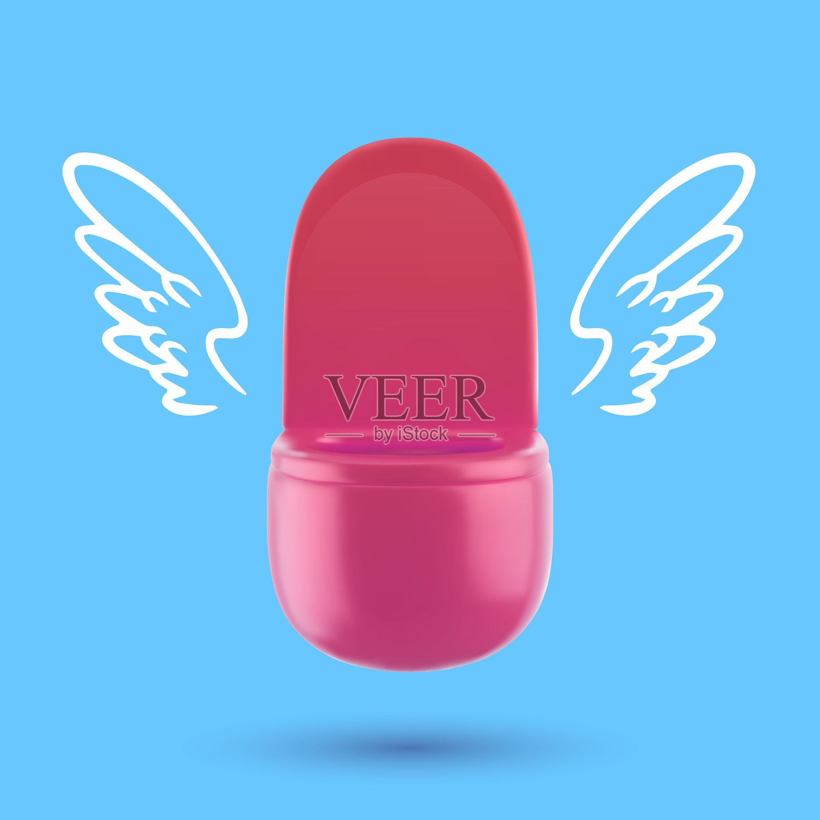 明亮的艺术时尚作品，3D真实风格的粉色悬挂马桶和卷曲涂鸦白色翅膀。色彩丰富的现代极简主义拼贴，适用于品牌封面和横幅。矢量插图。插画图片素材