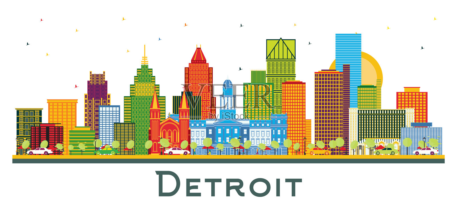 底特律密歇根州城市天际线，色彩斑斓的建筑物孤立在白色背景上。现代建筑的商务旅行和旅游概念。底特律城市风景与地标。插画图片素材