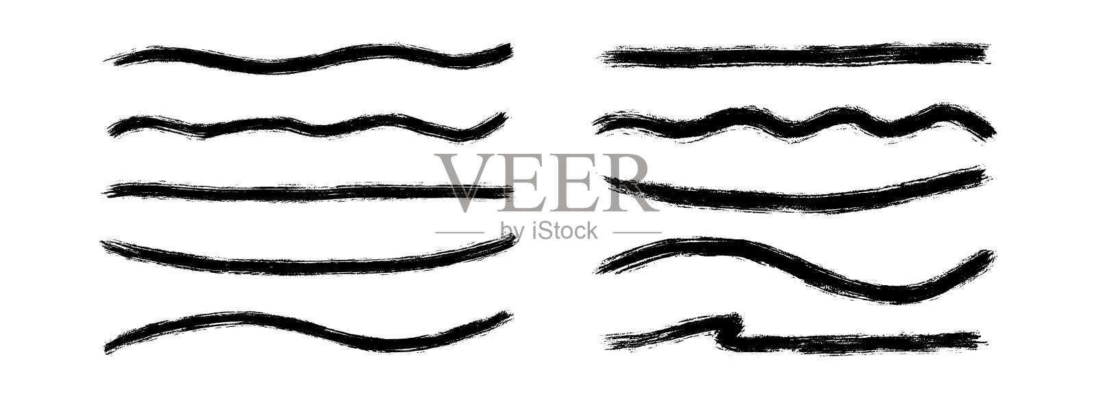 直线和波浪形涂料线条集合。细厚的素描笔触系列。粗糙的炭笔曲线条纹用于高亮、下划线和强调。矢量手绘长波浪蜡笔条纹。插画图片素材