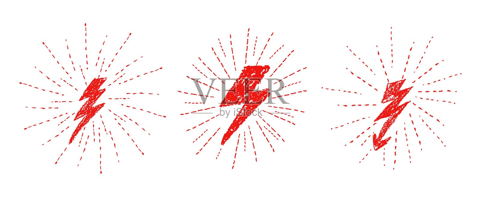 闪电蜡笔绘制的剪影集合。包含雷电或电池符号，带有放射状的笔触，像孩子用红色粉彩铅笔书写的图案。图形设计元素。矢量插图。插画图片素材