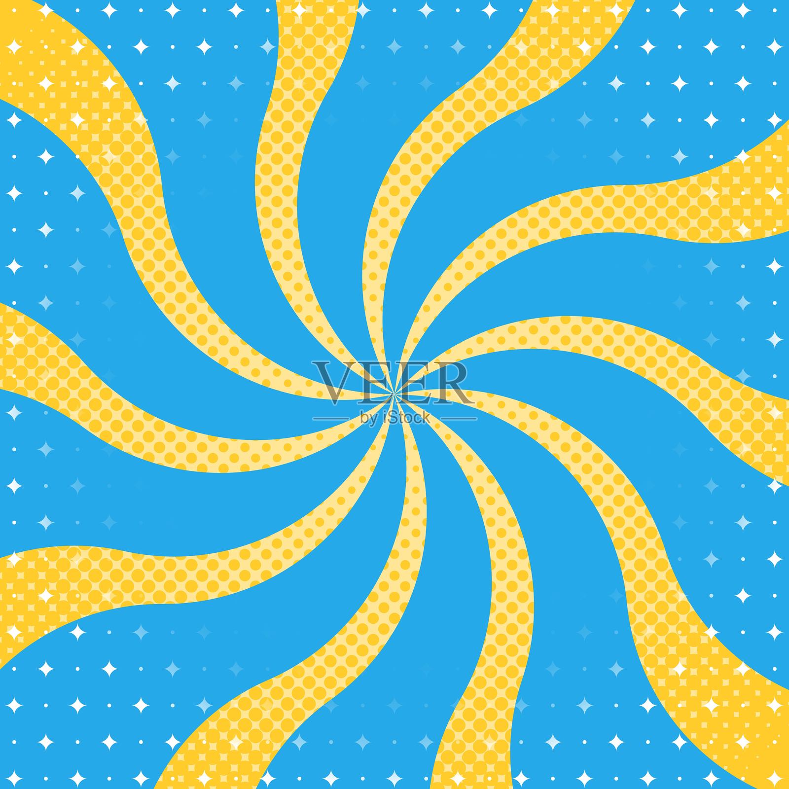 弯曲的阳光爆发，半色调点阵图案，光效，流行设计，正方形尺寸插画图片素材