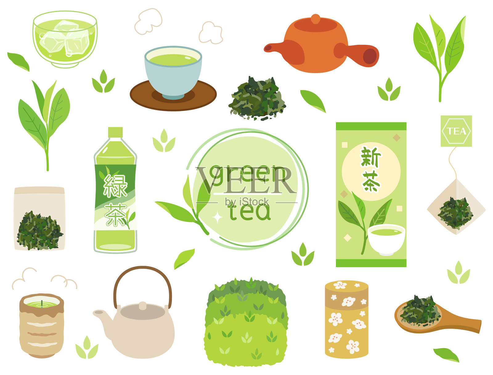 一组插图描绘了日本茶，如新茶、绿茶和煎茶插画图片素材