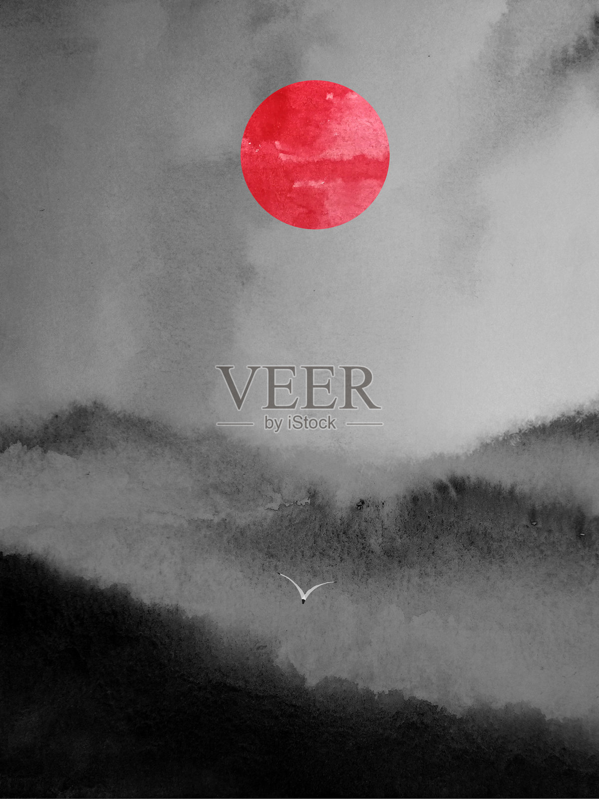 水彩东方水墨画抽象山景，雾气缭绕，圆形红日与飞鸟。传统日本，亚洲水墨艺术风格。插画图片素材