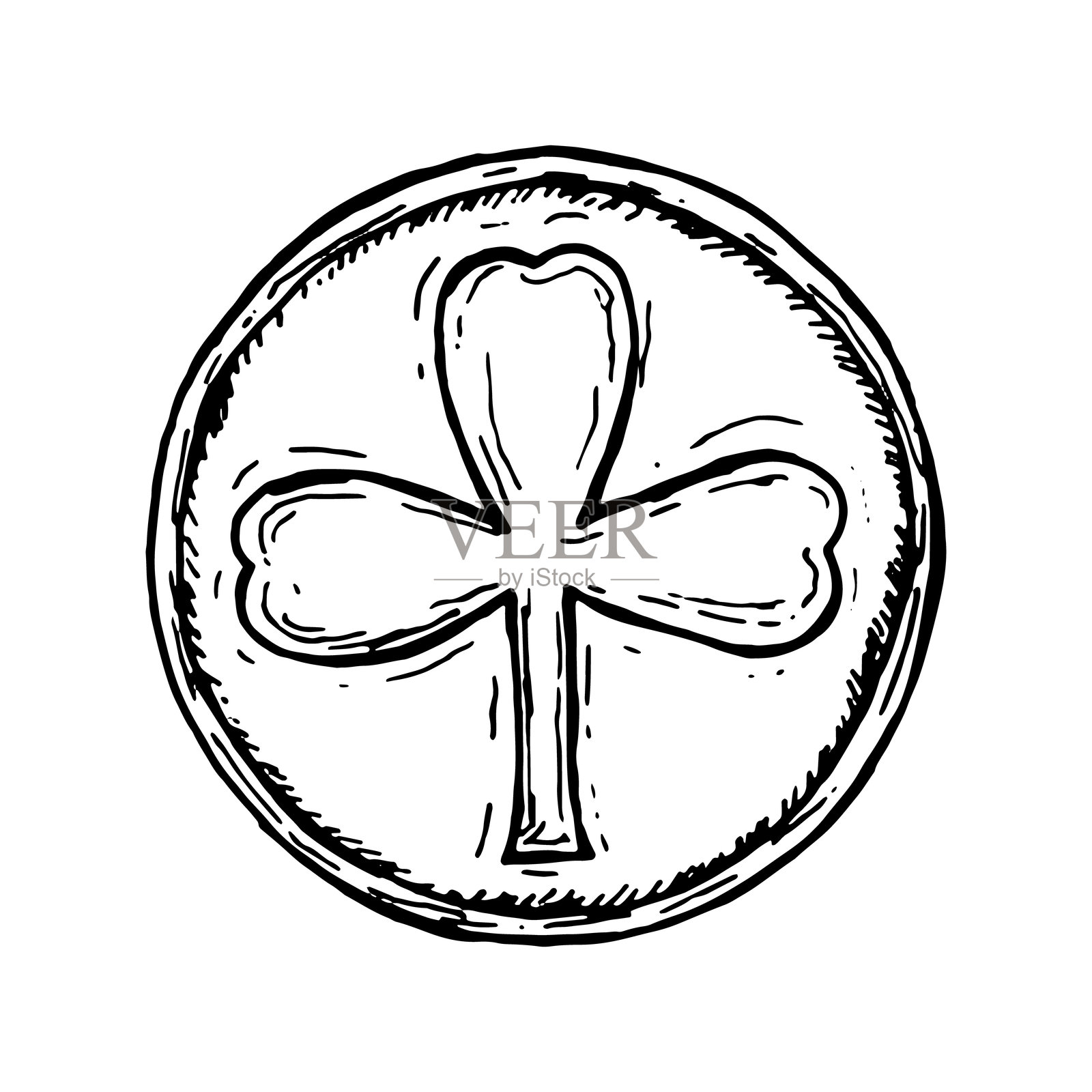 手绘黑白插图，描绘了一枚圆形硬币，上面有三叶草。象征着好运，适合爱尔兰主题设计、圣帕特里克节、幸运符和民间传说项目。插画图片素材