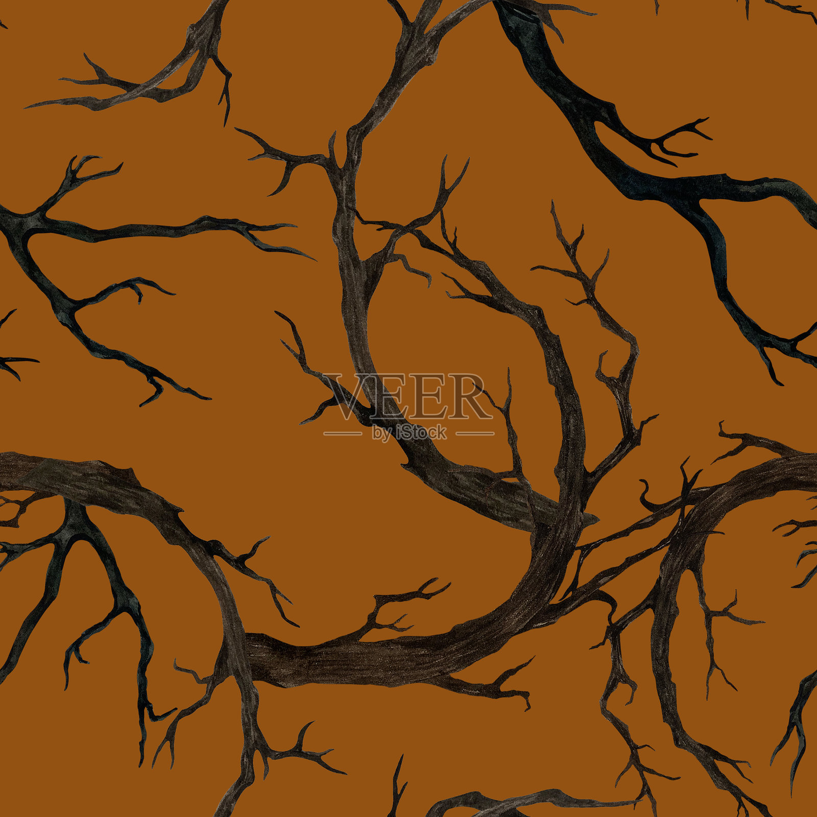 深棕色干枯的无叶树枝无缝图案。橙色背景上的孤立水彩插图。手绘的干燥弯曲分支，适用于哥特风格和万圣节假日印刷产品。插画图片素材