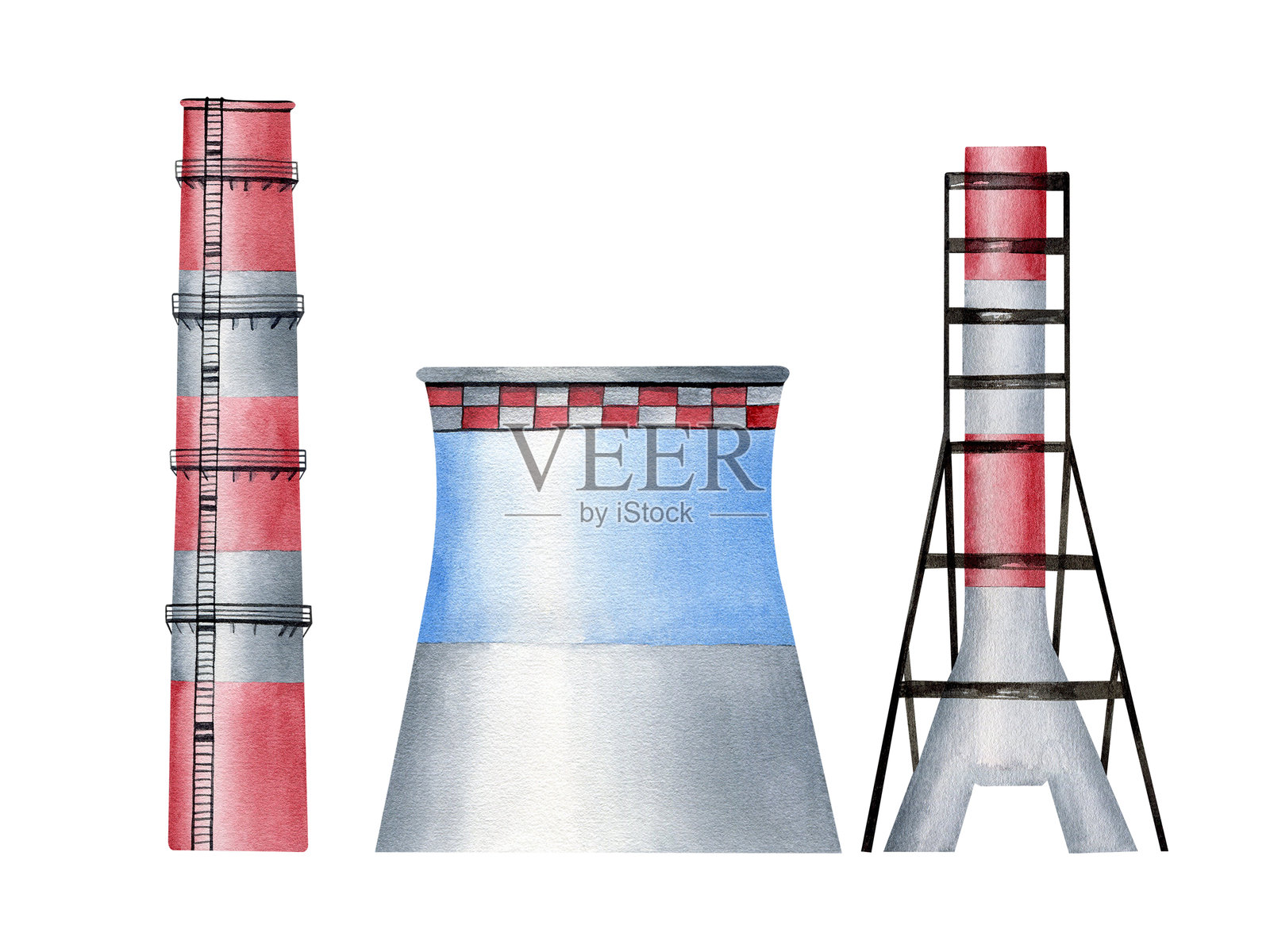 工业城市工厂水彩画集，孤立在白色背景上。环保污染概念，背景为工厂烟囱，适用于全球变暖和重工业设计。不同类型的烟囱。插画图片素材