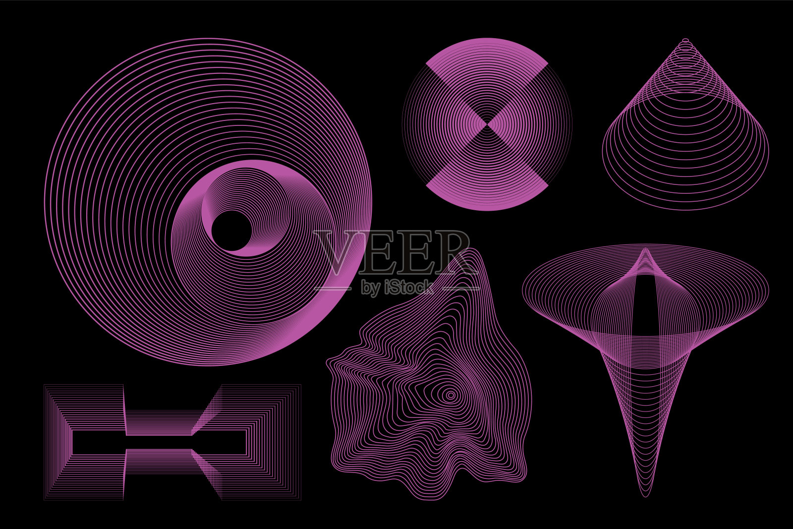 矢量设计。抽象的螺旋形态、地形层次和流动的数学曲线，采用鲜艳的洋红色，展示光学幻觉和波动力学。科学。插画图片素材