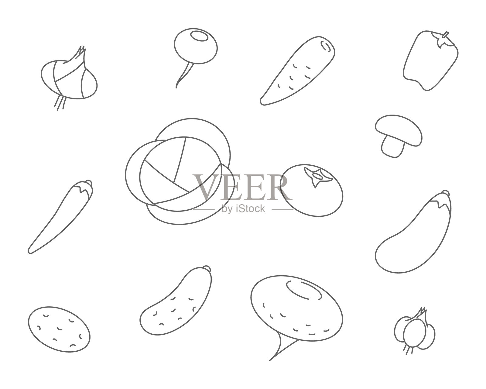极简线条艺术展示多样化的蔬菜。干净、现代的设计非常适合健康、食品或农业相关项目。适用于图标、信息图表或教育内容。插画图片素材