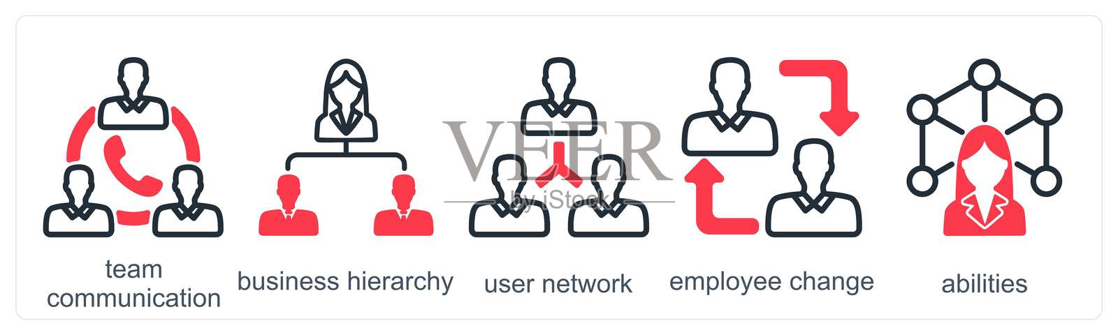 一组5个商业图标，代表团队沟通、商业层级和用户网络插画图片素材