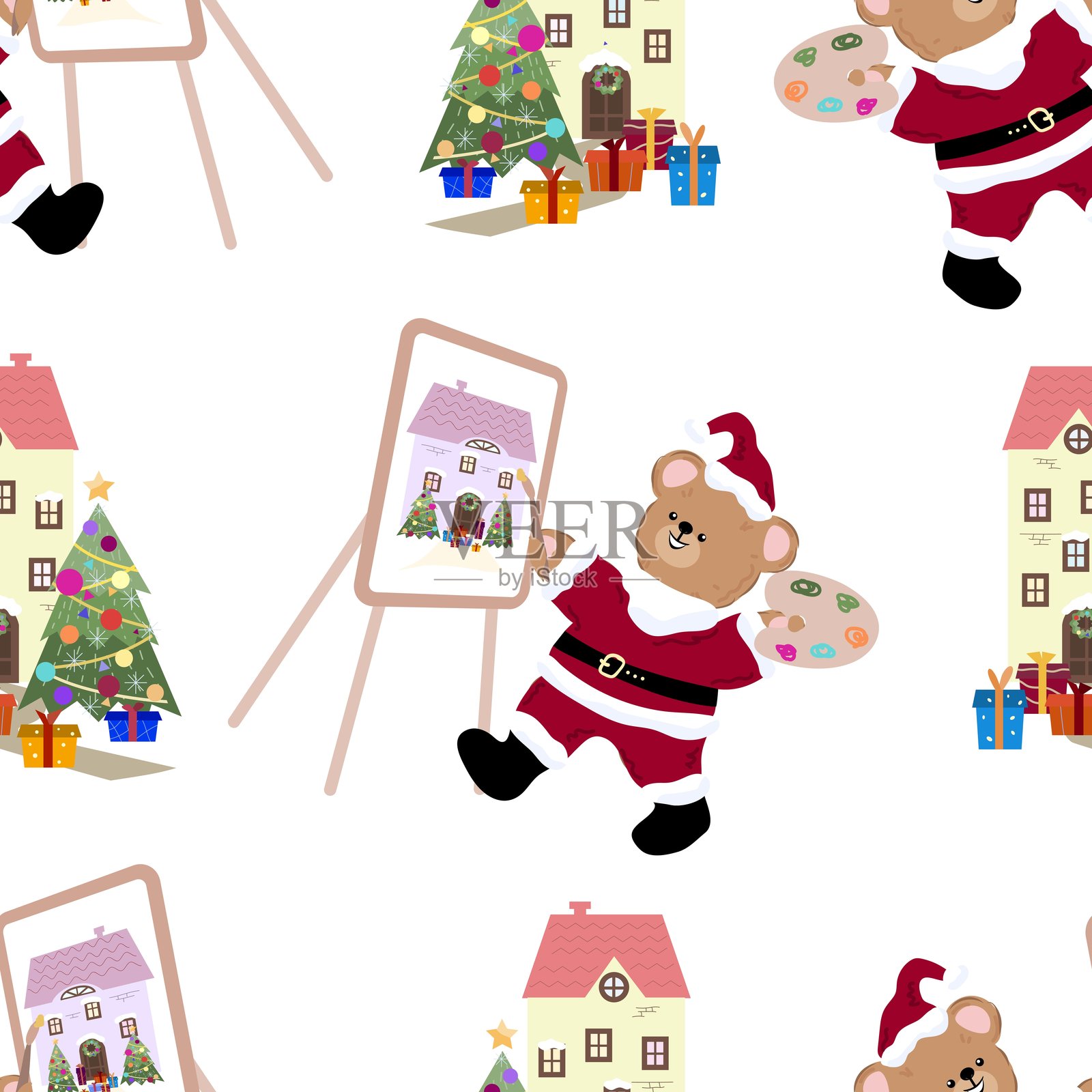 可爱的小熊穿着圣诞老人服装，在节日小屋旁用画笔在画架上画圣诞树的无缝图案。插画图片素材