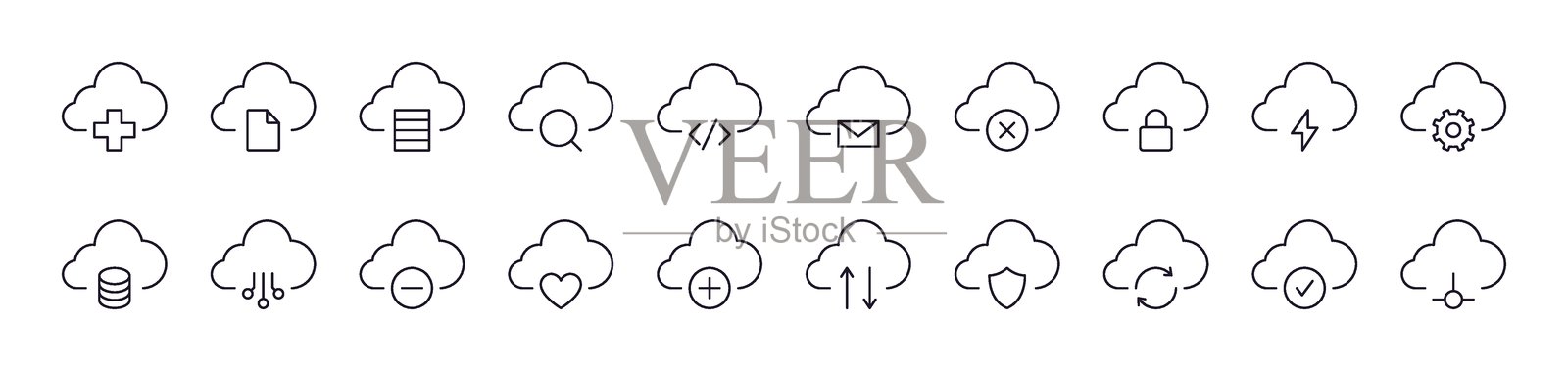 云存储相关线条图标集合中的箭头、锁、勾等。可编辑的线条。非常适合信息图表、文章、书籍、传单、横幅。插画图片素材