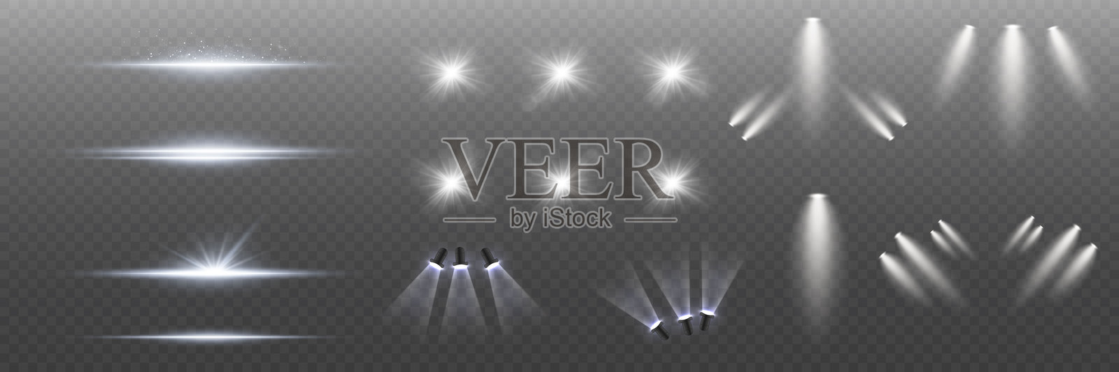 一组逼真的光闪和光源。聚光灯和光线效果。插画图片素材
