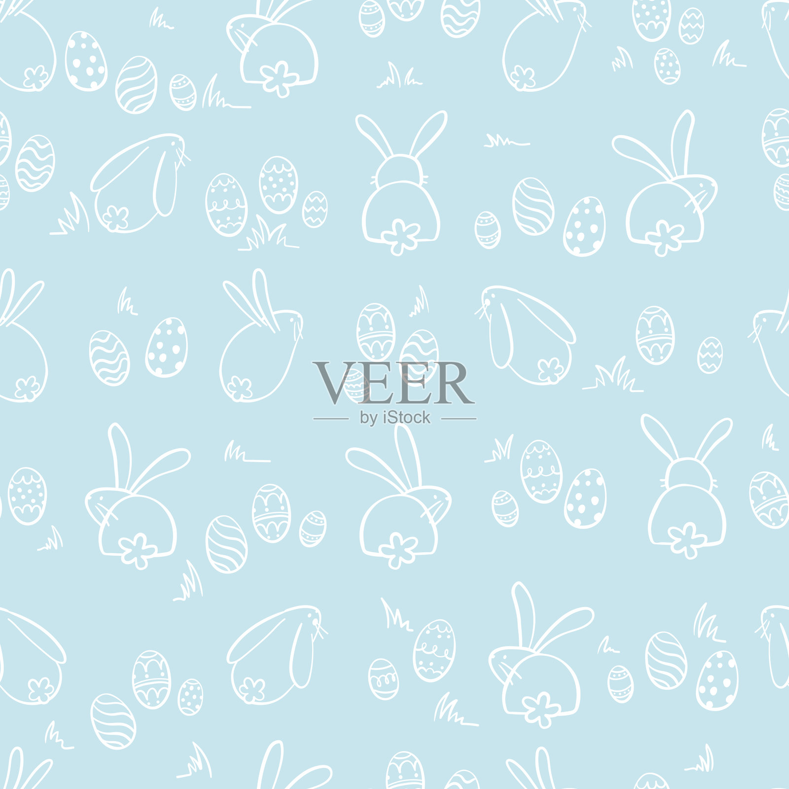 可爱简单的手绘复活节无缝图案，线条艺术兔子和鸡蛋 - 适合包装、礼品袋、布料、纺织品 - 矢量设计单色，极简主义，线条艺术，单色，简单设计，一笔勾勒，轮廓画，干净的线条，优雅。插画图片素材