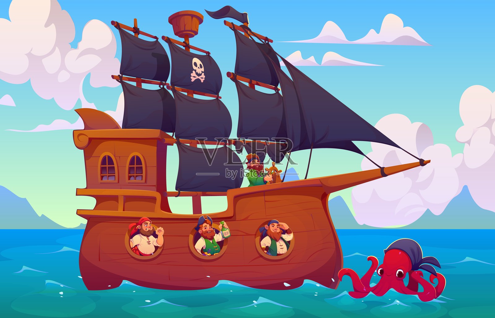 卡通海盗船与巨型克拉肯章鱼插画图片素材