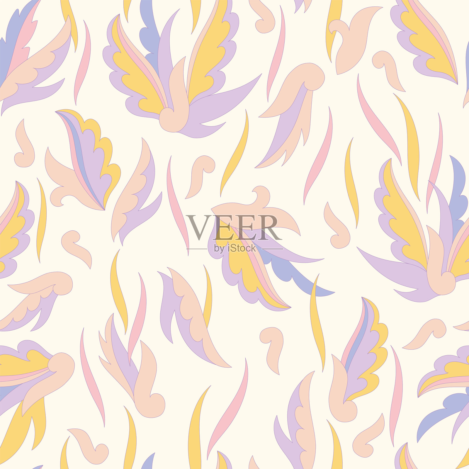 装饰性无缝图案，包含抽象的叶子和草本植物形状。艺术性的植物矢量背景。适用于面料、纺织品、纸张和包装的民间童话风格全覆盖印刷。插画图片素材